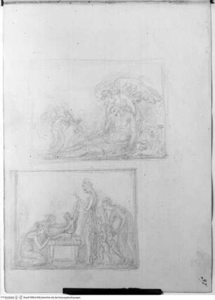 Skizzenbuch, Oben: der sterbende Hieronymus; unten: Nymphen beschneiden die Flügel Amors