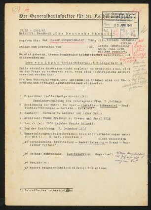 Bürger-Theater, Wien: Fragebogen für das Handbuch »Das Deutsche Theater«, vierseitiges Dokument