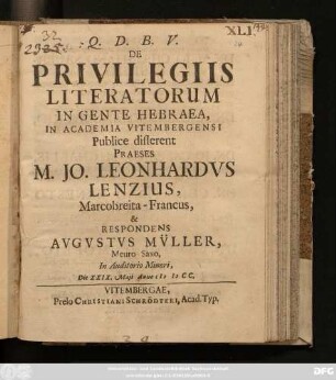 De Privilegiis Literatorum In Gente Hebraea