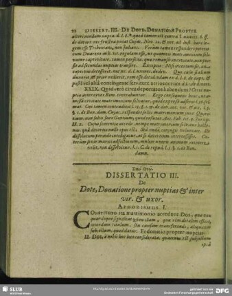 Dissertatio III. De Dote, Donatione propter nuptias & inter vir. & uxor