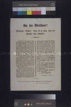 Maueranschlag: An die Berliner! Ein Mann aus dem Volke fordert den Rücktritt des Ministeriums Auerswald-Hansenmann; Berlin, 9. September 1848