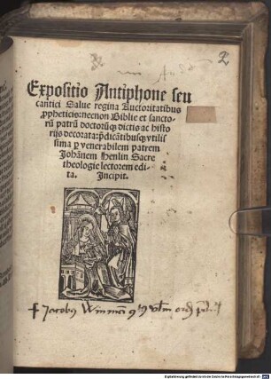 Expositio Antiphone seu cantici Salue regina : Auctoritatibus p[ro]pheticis, necnon Biblie et sanctoru[m] patru[m] doctoru[m]q[ue] dictis ac historijs decorata: p[er] dica[n]tibusq[ue] vtilissima
