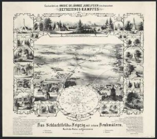 Gedenkblatt zur Völkerschlacht bei Leipzig 1813, Lithogrphie, 1863 : Das¬ Schlachtfeld bei Leipzig mit seinen Denkmälern : Gedenkblatt an die 50 jährige Jubelfeier des deutschen Befreiungskampfes / nach der Natur aufgenommen. - Frankfurt a/M. : Verl. Rudolph Meitzner ; Leipzig : M. Singer , [1863]. - 1 Kunstblatt mit Vogelschauansicht, Karte und Detailansichten : Lithographie ; Blattgröße 57 x 50 cm