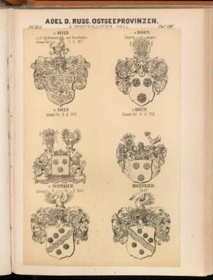 Taf. 158. - v. Rosen. a. d. H. Kaltenbrunn und Rosenhagen. Schwed. Nat. Dipl. 1.X.1617. - v. Rosen. Stammwappen. - v. Rosen. Schwed. Frh. 13. IX.1772. - v. Rosen. Schwed. Grf. 21.XI.1751. - v. Rosenbach. Schwed. A. 16.X.1643. - Rosenbach. 1647.