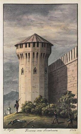 'Thurm von Smolensk' Wehrturm der Stadtmauer; Aquarell; Rückseitenvermerk: 'nach Faber'