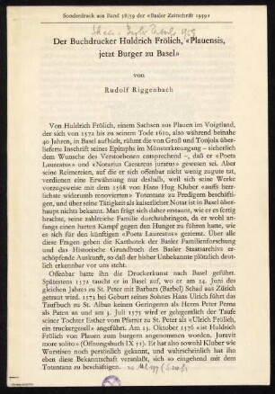215-229, beigefügter Sonderdruck hinten in Tasche: Der Buchdrucker Huldrich Frölich...1959.