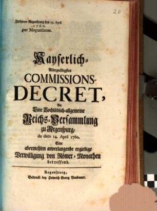 Kayserliches Commissions Decret die Verwilligung von Römer-Monaten betr.