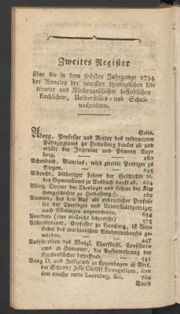Zweites Register über die in dem sechsten Jahrgange 1794 der Annalen der neuesten theologischen Litteratur und Kirchengeschichte befindlichen kirchlichen, Universitäts- und Schulnachrichten