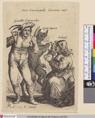 [Ein Mann wickelt vom Teufel ergriffenes Garn auf, rechts sitzt eine Frau; Woman seated before a man winding yarn seized by devil]