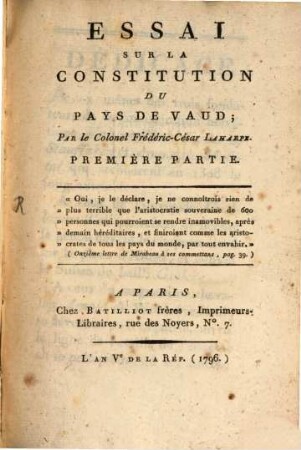 Essai Sur La Constitution Du Pays De Vaud, 1