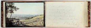Stammbuch von Johanne Haebler. Blatt 48/49 : Stammbuch von Johanne Haebler. Blatt 48/49. Eintrag mit Getreideernte zwischen Pesterwitz, Roßthal und Dölzschen mit Blick zum Lilien- und Königstein. Umrißradierung, koloriert; 13,3 x 8,5 cm (Blattgröße) (26. November 1814). Dresden: SLUB Mscr.Dresd.App.1700/37.a