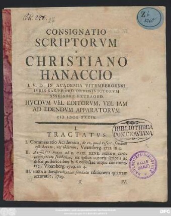 Consignatio Scriptorvm A Christiano Hanaccio I. V. D. In Academia Vitembergensi Ivris Sax. P. P. Ord. Ordinis Ictorvm Assessore Extraord.Hvcdvm Vel Editorvm, Vel Iam Ad Edendvm Apparatorvm MDCCXXXIX.