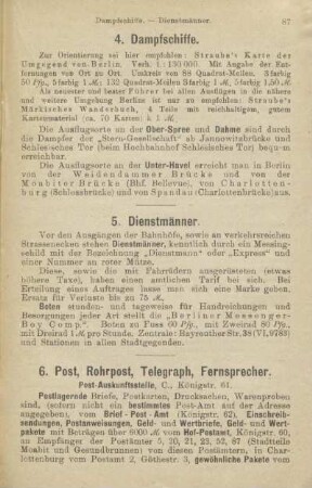 4. Dampfschiffe ; 5. Dienstmänner ; 6. Post, Rohrpost, Telegraph, Fernsprecher