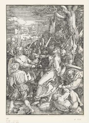 Gefangennahme Christi, Blatt 4 aus: "Passio domini nostri Jesu ex hieronymo Paduano Dominico Mancino Sedulio et Baptista Mantuano per fratrem Chelidonium collecta cum figuris Alberti Dureri Norici Picoris", Nürnberg 1511