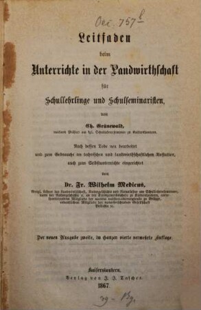 Leitfaden beim Unterrichte in der Landwirthschaft für Schullehrlinge und Schulseminaristen