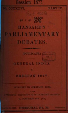 Hansard's parliamentary debates. General index to session. 1877