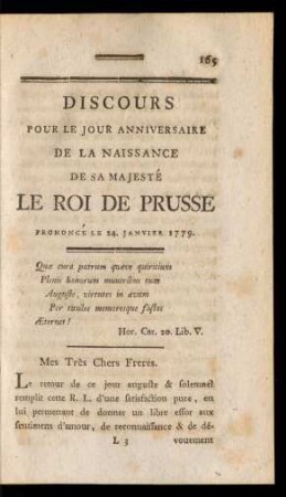 Discours Pour Le Jour Anniversaire De La Naissance De Sa Majesté Le Roi De Prusse Prononcé Le 24. Janvier 1779.
