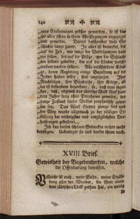 XVIII. Brief. Gewisheit der Begebenheiten, welche die Offenbarung beweisen.