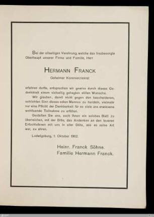 [Gedenkblatt an] Hermann Franck Geheimer Kommerzienrat