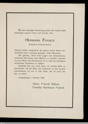 [Gedenkblatt an] Hermann Franck Geheimer Kommerzienrat
