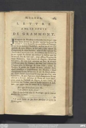 Lettre A Mr. Le Comte De Grammont.