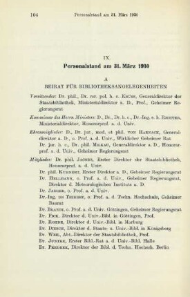 IX. Personalstand am 31. März 1930