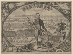 Bildnis des Moritz von Oranien; im Hintergrund die Schlacht von Nieuwpoort
