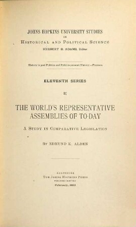 The world's representative assemblies of to-day : a study in comparative legislation