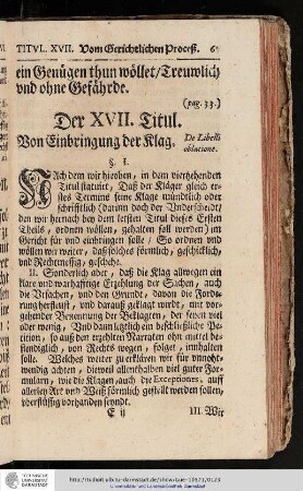 Der XVII. Titul. Von Einbringung der Klag