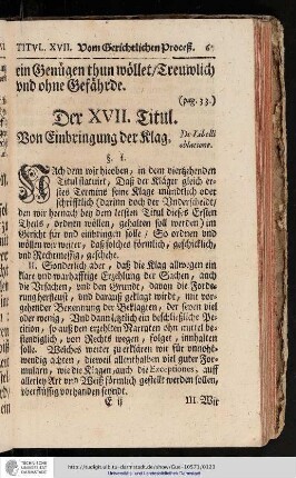 Der XVII. Titul. Von Einbringung der Klag