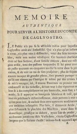 Mémoire authentique pour servir à l'histoire du comte de Cagliostro