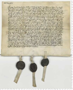 Bosse Lutzouw, Wiperdes Sohn, verkauft Bürgermeistern und Ratsmannen von Lüneburg seine Mühle zu Blücher für 500 Mark Lübisch. Mitbesiegler sind die Ratsmannen Johan Schellepeper und Clawes Gronehaghen