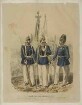 Offizier Garde-Grenadierregt. (Königin Augusta) Nr. 4, Fahnenunteroffizier, Garde-Grenadierregiment (Kaiser Franz) Nr. 2, Untoffz., Garde-Grenadierregt. (Königin Elisabeth) Nr. 3, stehend, blauer Waffenrock, Stehkragen, weisses Bandelier, weisse Hose, Pickelhaube