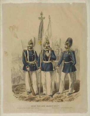 Offizier Garde-Grenadierregt. (Königin Augusta) Nr. 4, Fahnenunteroffizier, Garde-Grenadierregiment (Kaiser Franz) Nr. 2, Untoffz., Garde-Grenadierregt. (Königin Elisabeth) Nr. 3, stehend, blauer Waffenrock, Stehkragen, weisses Bandelier, weisse Hose, Pickelhaube