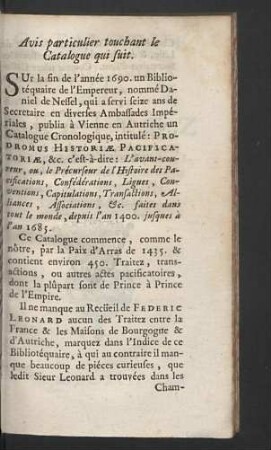 Avis particulier touchant le Catalogue qui suit.