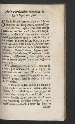 Avis particulier touchant le Catalogue qui suit.