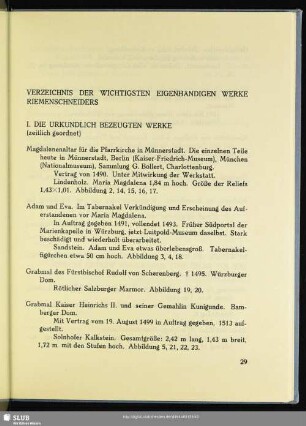 Verzeichnis Der Wichtigsten Eigenhändigen Werke Riemenschneiders