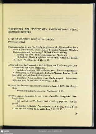 Verzeichnis Der Wichtigsten Eigenhändigen Werke Riemenschneiders