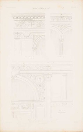 Hotel Soltykoff, Paris: Details Gesimse, Eingangstor (aus: Atlas zur Zeitschrift für Bauwesen, hrsg. v. G. Erbkam, Jg. 7, 1857)