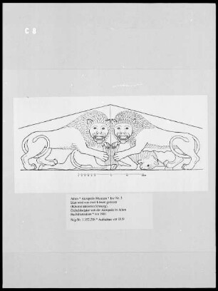 Zwei Löwen reißen einen Stier, (Rekonstruktionszeichnung), Giebelskulptur von der Akropolis in Athen