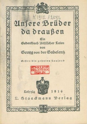 Unsere Brüder da draußen : ein Gedenkbuch sächsischer Taten