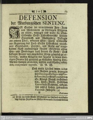 Defension der Marburgischen Sentenz