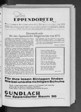 Ehrenurkunde für den Eppendorfer Bürgerverein von 1875