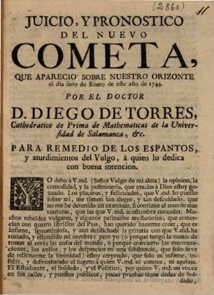 Juicio, y pronostico del nuevo cometa que aparecio' sobre nuestro orizonte el dia siete de Enero de este año de 1744