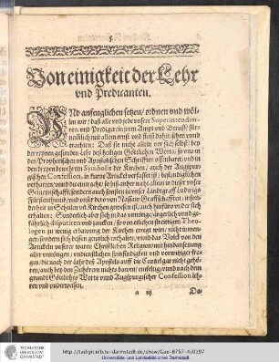 Von einigkeit der Lehr und Predicanten