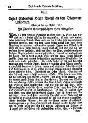 VIII. Erstes Schreiben Herrn Bolzii an den Diaconum Urlsperger
