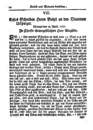 VIII. Erstes Schreiben Herrn Bolzii an den Diaconum Urlsperger