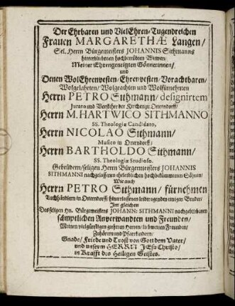Der [...] Frauen Margarethae Langen/ [...] Wittwen/ [...]