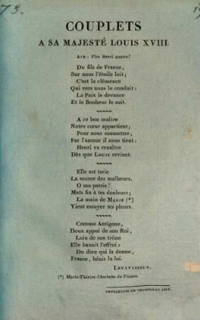 Couplets A Sa Majesté Louis XVIII : Air: Vivre Henri quatre !