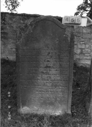 Grabstein 455 (Index: 100107997) Material: grauer Sandstein Zustand: stark verwittert und versalzen Maße HxBxT: 165x89x18 cm Beschreibung: Stele, Konvexbogenabschluß, Schriftfeld eingetieft: Grabstein 455